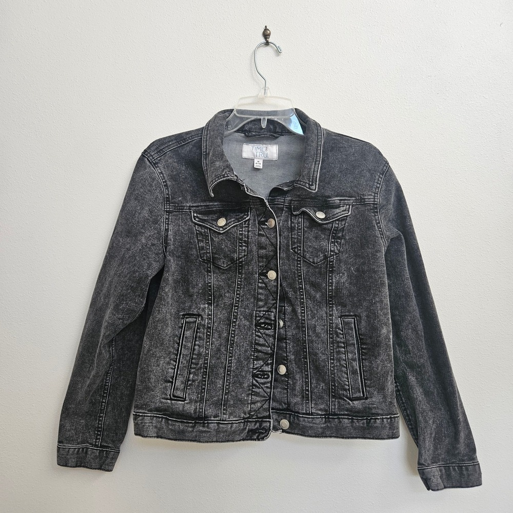 Time and Tru Womens Black Acid Wash Denim Jacket Stretch Trucker M 8-10